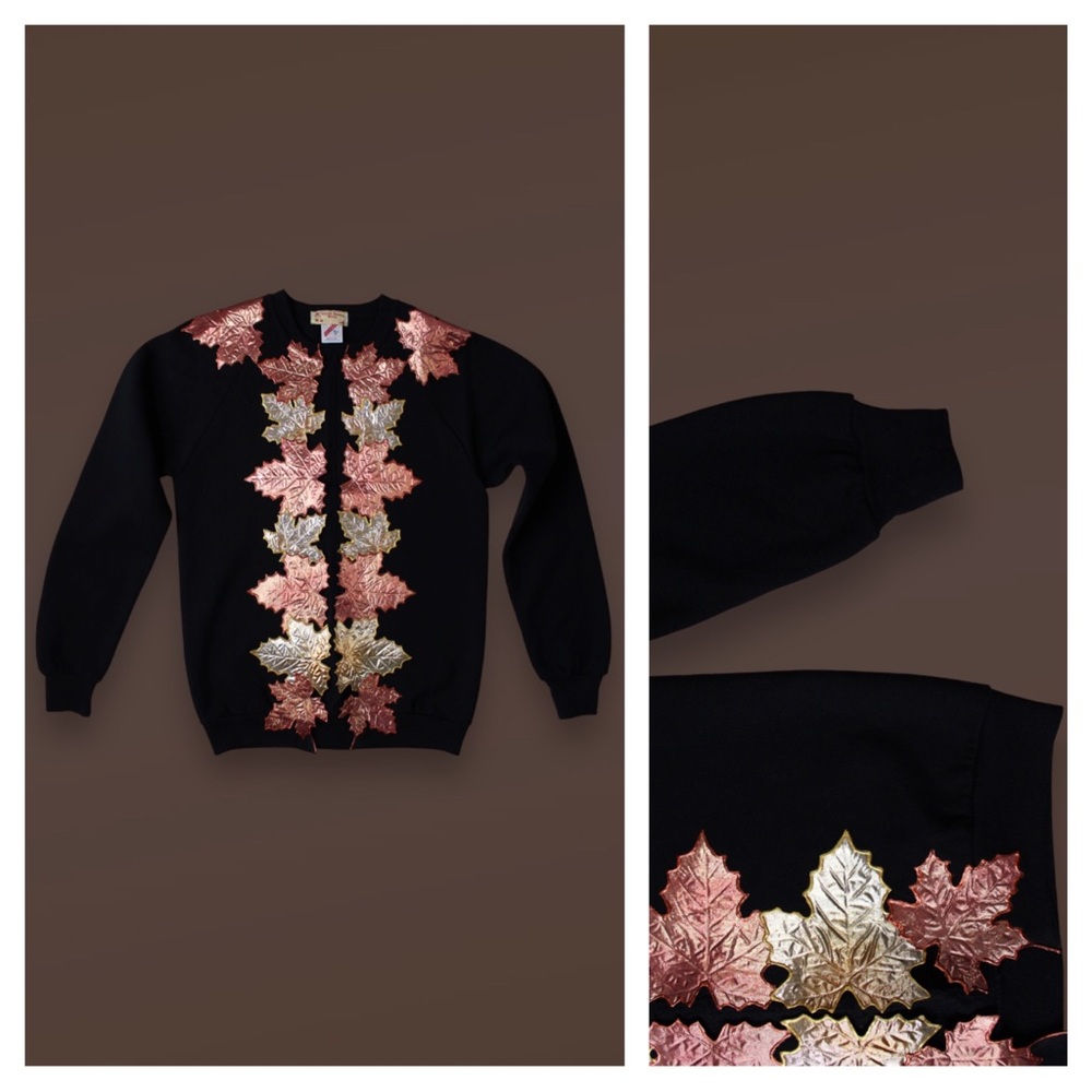 Jerzees 2D Embroidered Granola Girl Autumn Leaf Print Vintage Open Cardigan